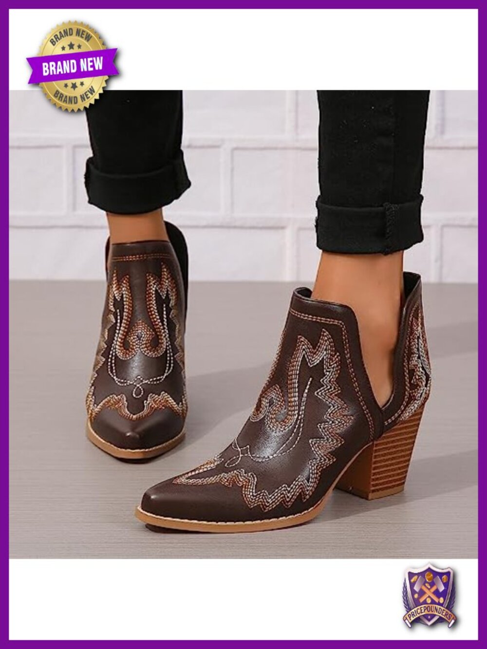 Women's Cowboy Ankle Boots Pointed Toe Chunky Heel Cutout Western - Picture 2 of 5